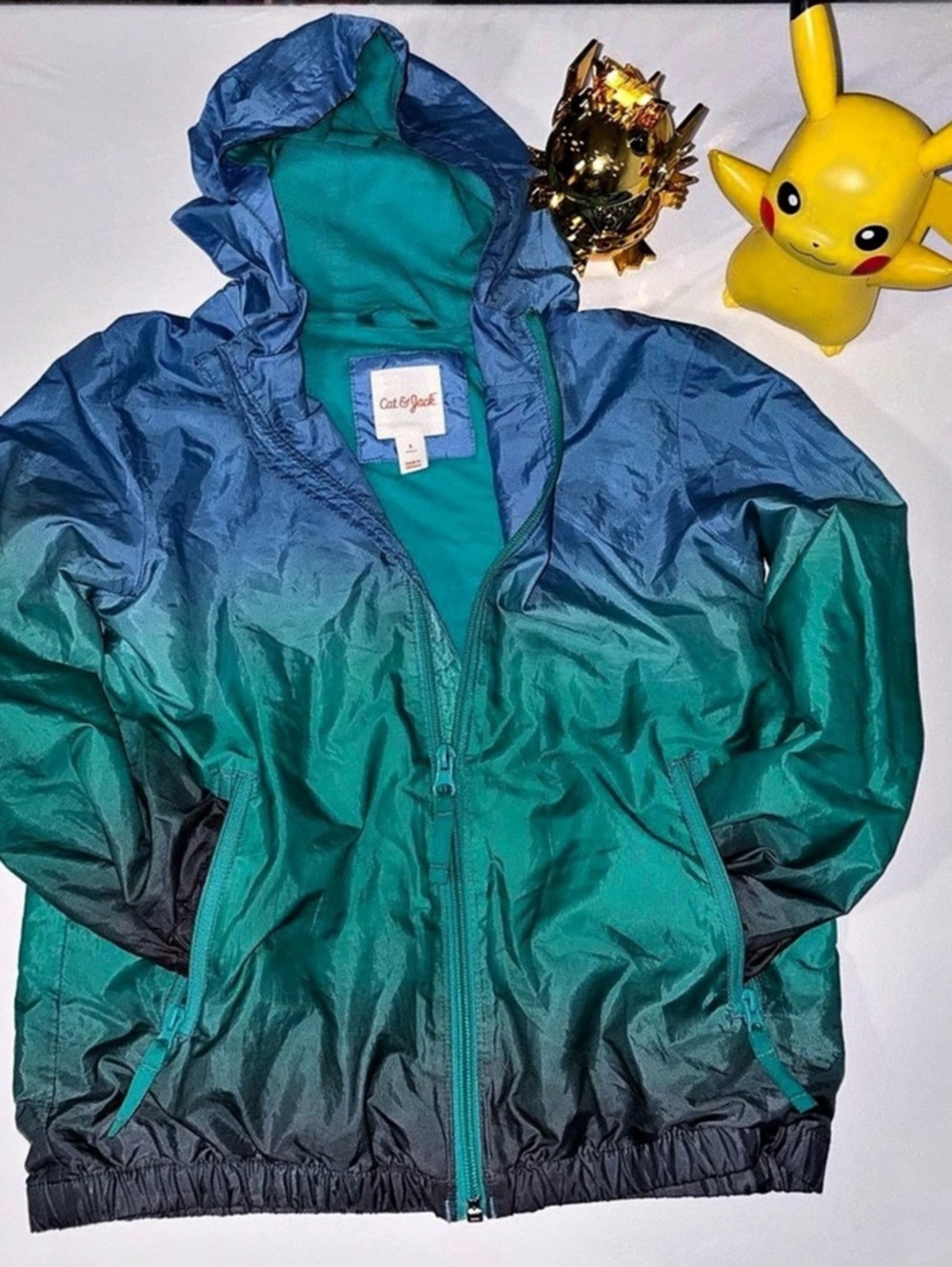 Cozy Color Block Hooded Jacket in Blue & Green Like New